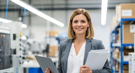 A professional woman manager standing in a large industrial storage facility, overseeing operations and work. Showing strong professionalism and expertise.