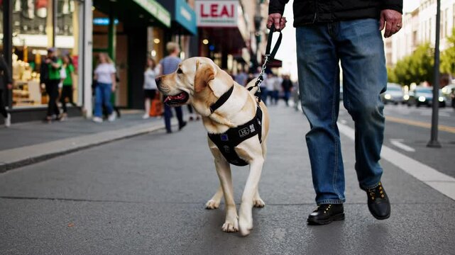 Cream colored dog guide labrador retriever wearing a harness walks on leash with owner on urban sidewalk