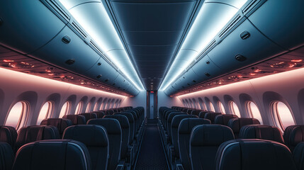 Fototapeta premium Modern airplane cabin empty seat interior aisle window lighting travel transportation commercial