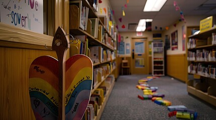 Fototapeta premium Colorful Library Corridor with Rainbow Heart Decor and Children's Book Displays