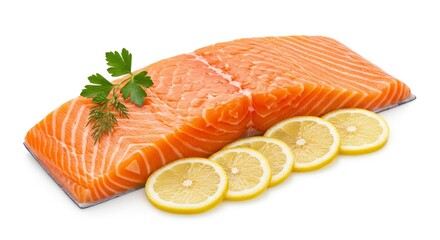 Fresh Salmon Fillet with Lemon Slices and Parsley on a White Background with Orange and Yellow Color