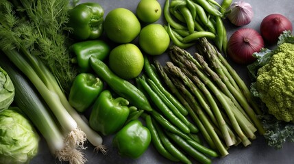 Fresh produce with vegetables fruits and green healthy ingredients. AI generated