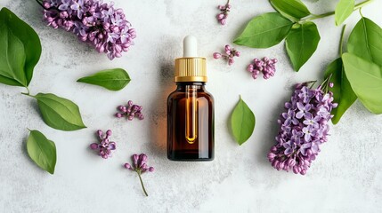 lilac oil extract in a small bottle, Generative AI,