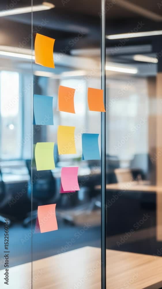 Poster Multicolored adhesive notes covering transparent partition, representing collaborative planning and creative teamwork within contemporary professional environment