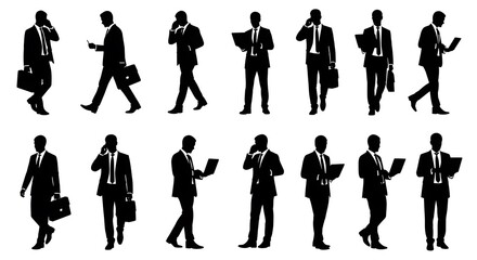 Businessmen silhouettes in various poses: walking, standing, using phone, laptop. A collection of diverse business postures.