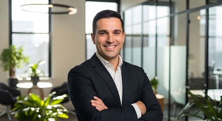 Fototapeta premium A confident businessman stands in a modern office space, arms crossed, and with a genuine smile, embodying professional success.
