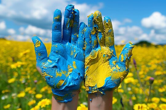 Hands painted in ukrainian flag colors showing support for human rights month
