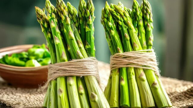 Fresh, uncut green asparagus spears bundled together on a table with a bowl of spices behind them.