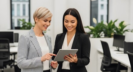 Two professional women engage in collaborative work, one showing tablet in modern office. They are collaborating, and discussing information with a pleased expression.