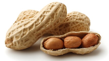 Fresh peanuts in their shells with open pod showcasing nut kernels on white background