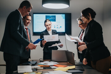 Five people working together in a conference room, analyzing documents and data during a business meeting.