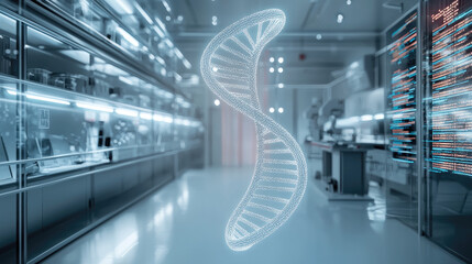 Futuristic laboratory with glowing digital DNA strand, advanced technology, scientific innovation, and modern research