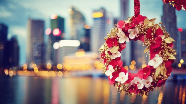 Vibrant red floral wreath adorned with white blooms and golden accents, hanging in the foreground with intricate details and festive clusters. Blurred cityscape at dusk or dawn features tall skyscrape