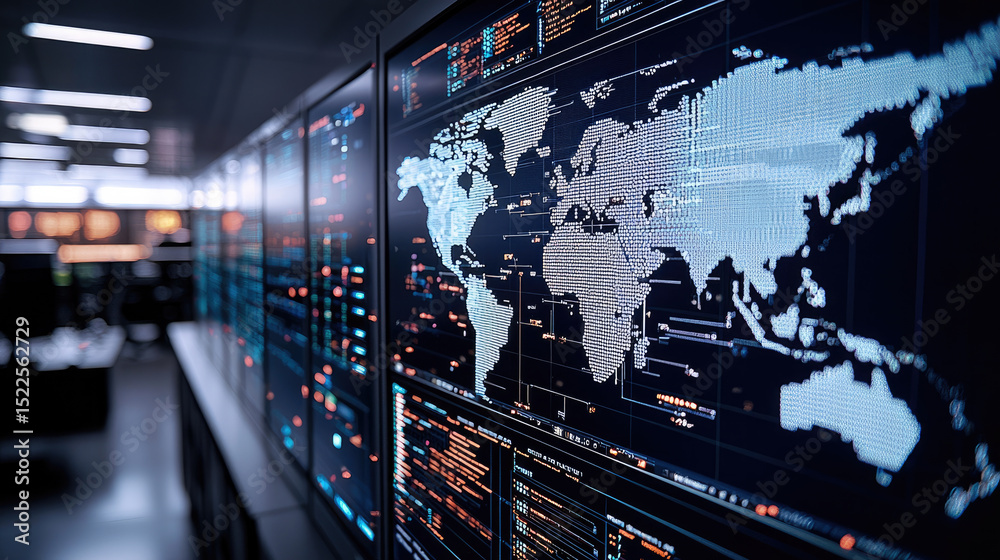 Poster Global IT network map with digital data, cybersecurity interface, and glowing world connections in modern control room