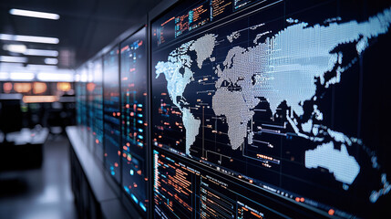 Global IT network map with digital data, cybersecurity interface, and glowing world connections in modern control room