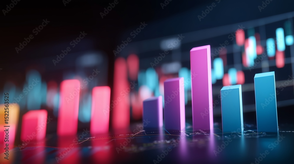 Poster colorful data visualization showcasing digital bar graphs on a dark background during a tech present