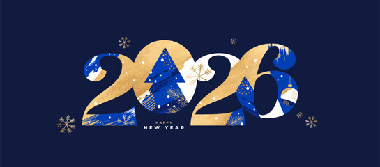 New Year's Eve 2026 card, poster, web banner or header, holiday cover. Xmas New Year template in trendy art style with gorgeous number 2026 design in gold and blue colors for ads and season greetings