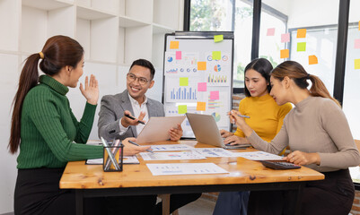 Group of business people working together with dashboard analysis and data management in conference room, Corporate business and dashboard to presentation concept.