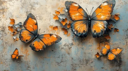 Surreal Impressionistic Butterflies against a Blue Weathered Wall Digital Art Moody Background Close Up Flat Lay Elegant