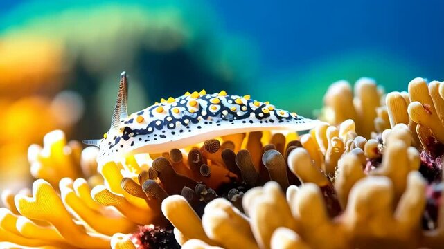 Close-up of a sea slug with black and yellow spots crawling on a coral reef in its natural habitat.