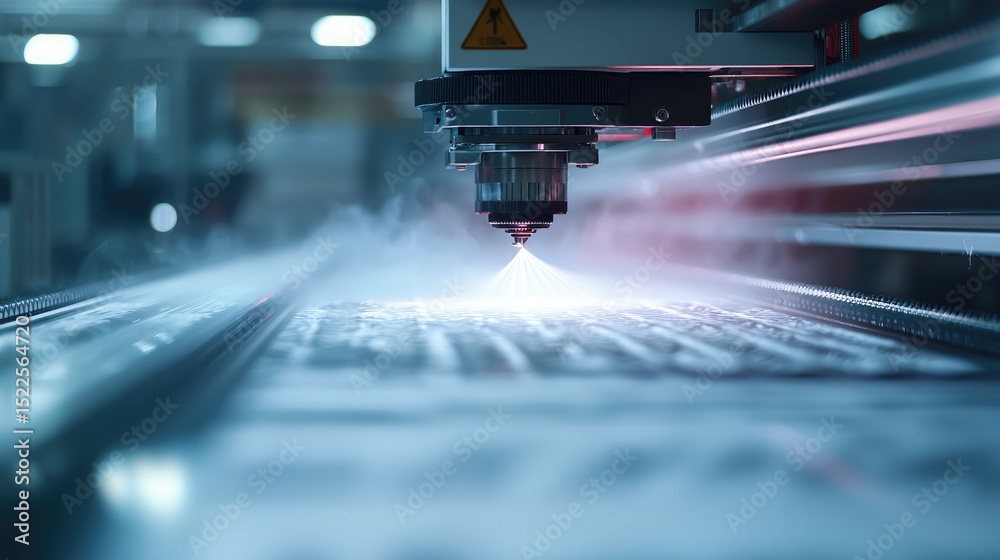 Poster high precision laser cutting machine operating in modern factory, emitting bright light and mist eff