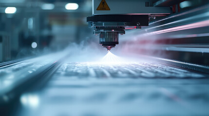 High precision laser cutting machine operating in modern factory, emitting bright light and mist effect