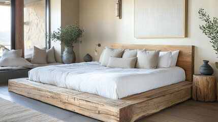 A modern bedroom with a bedframe made of reclaimed wood, soft light tones, and subtle dcor pieces