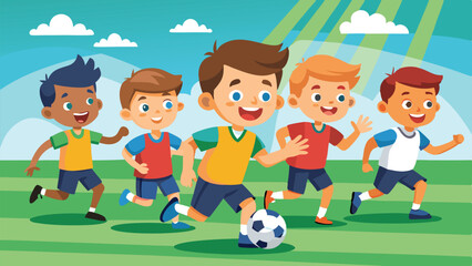 Diverse Group of Kids Playing Soccer, Running on Green Field Under Bright Sky