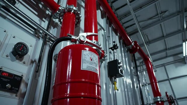 Fire suppression system installation in a commercial facility with red pipes and equipment