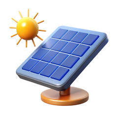 Vibrant Yellow Sunbeam Icon Warming Glossy Blue Solar Panel Array Stand, isolated with white transparent background