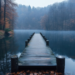 Naklejka premium Person jumping off dock into lake.