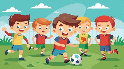 Cheerful Cartoon Boys Playing Soccer on Grass Field Under a Cloudy Sky
