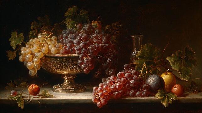 Classic Oil Still Life Painting With Grapes For Decorative And Editorial Use
