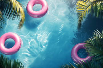 Top-down 3D view of a pool with pink float rings on the water, creating a tropical summer vibe.
