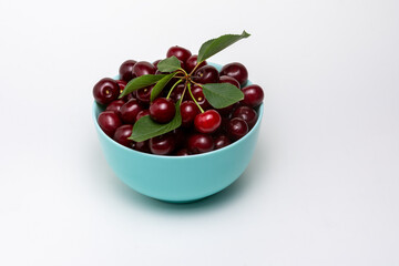 Ripe dark red cherries in blue bowl isolated on white background. Different angles. Place for design.  Close-up.