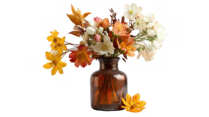 Beautiful bouquet of colorful seasonal flowers, featuring orange, yellow, and white blossoms, artfully arranged in a rustic brown bottle against a transparent background