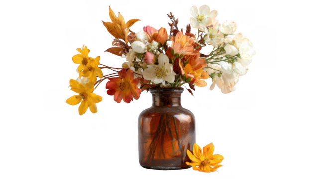 Beautiful bouquet of colorful seasonal flowers, featuring orange, yellow, and white blossoms, artfully arranged in a rustic brown bottle against a transparent background - Powered by Adobe