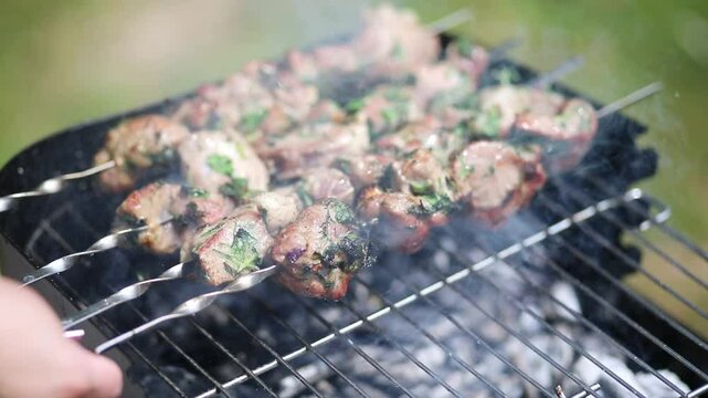 Delicious grilled meat on a barbecue.