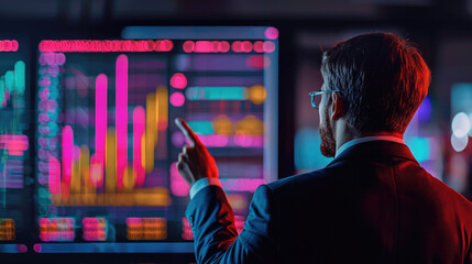 Businessman data analysis technology finance digital screen graph. Confident businessman analyzing digital financial data