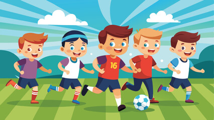 Cartoon Boys Playing Soccer Outside on a Sunny Day Running in a Field