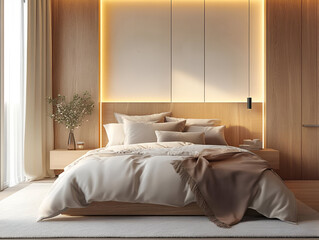 A modern bedroom with a custom wood headboard, a mix of textured linens, and soft, natural lighting