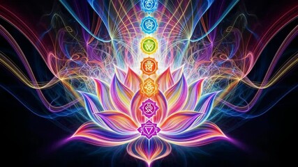 Radiant lotus flower with seven chakras aligned in glowing spiritual energy over vibrant abstract background

 - Powered by Adobe