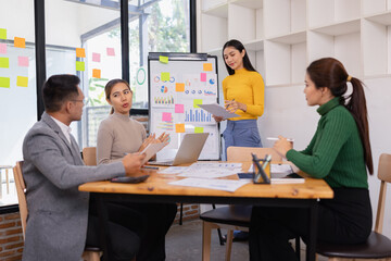 Group of business people working together with dashboard analysis and data management in conference room, Corporate business and dashboard to presentation concept.