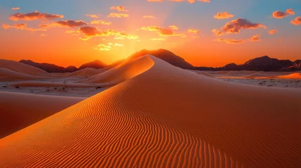 Selbstklebende Fototapeten Desert sunrise sand dune landscape sunlight wide orange sky mountain beautiful peaceful nature outdoor travel adventure arid © visoot