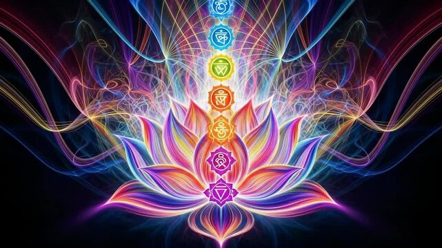 Radiant lotus flower with seven chakras aligned in glowing spiritual energy over vibrant abstract background

 - Powered by Adobe