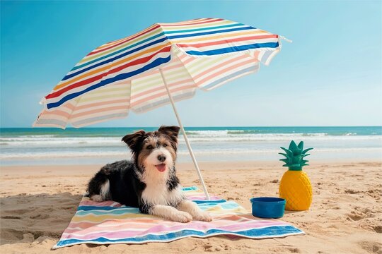 dog relax under beach umbrella shade