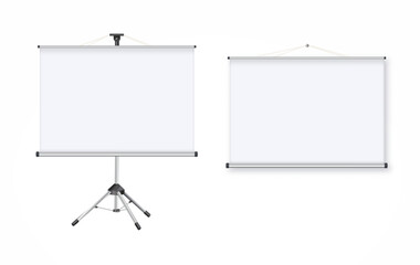 Blank realistic tripod portable projection screen. Isolated on white background. Vector