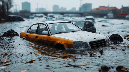 Abandoned car flood city water disaster urban submerged autumn leaves overcast dramatic