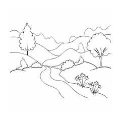 Obraz premium Hand drawn landscape with rolling hills trees flowers and a winding road in black outline
