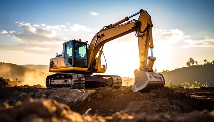 Obraz premium Excavator at sunset